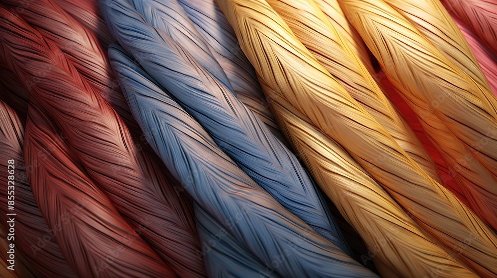 Poster colorful 3d rendering of twisted ropes. the image is very detailed and looks realistic.