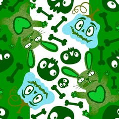 Halloween monsters seamless bunnies and pumpkins and skulls pattern