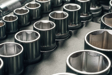 Set of wrenches for repairing mechanisms. Sockets for unscrewing nuts