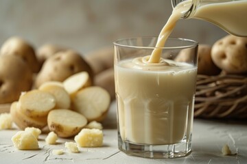 Pouring lactose-free vegan milk into a glass against a backdrop of potato tubers. The composition offers abundant copy space for creative designs