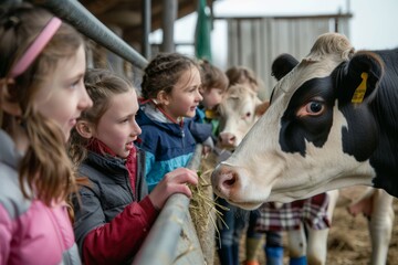Schoolchildren Visiting Farm, Feeding Cows and Learning About Agriculture - Educational Field Trip