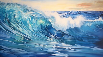 The image is a painting of a large wave crashing in the ocean. The wave is blue and green, and the water is white.