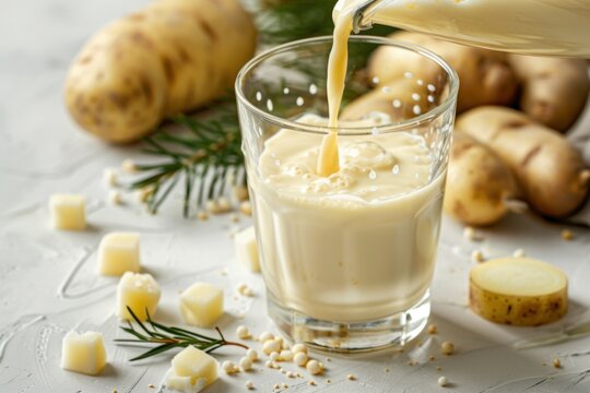 Pouring lactose-free vegan milk into a glass amidst potato tubers, with a spacious background for customizable content