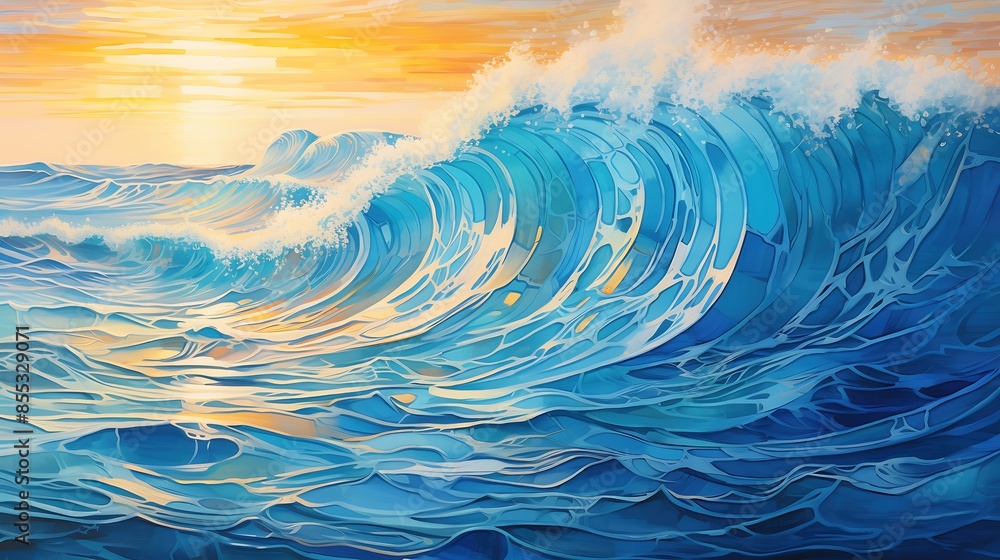 Poster the image is a painting of a wave. it is a very large wave, and it is crashing against the shore. th