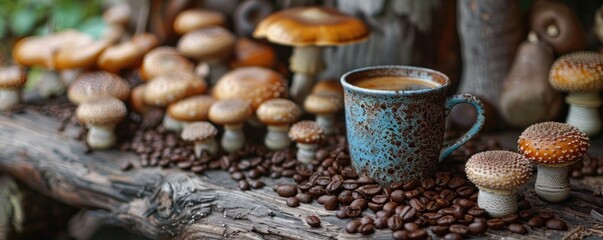 A vintage cup of mushroom coffee elegantly set on a wooden table, with mushrooms and coffee beans around it. This arrangement captures the rustic charm and health benefits of the beverage