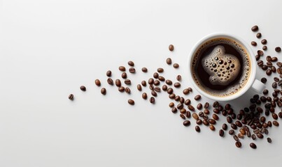 A white cup filled with black coffee, surrounded by coffee beans arranged in a curved pattern on a white background. Perfect for adding text, this setup emphasizes the simplicity and beauty of coffee