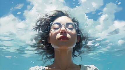 Close-up portrait of a beautiful young woman with glasses, lying with her eyes closed and a peaceful expression on her face.