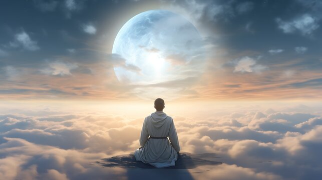 The image is of a person sitting on a rock in the clouds with a large moon in the background.