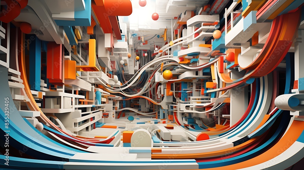 Poster this is a 3d rendering of a colorful and complex geometric structure.