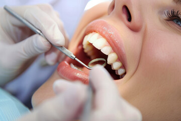 Close-up of a patient getting a dental check-up, showcasing dental tools and the patient's open mouth.