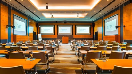A conference room with rows of tables and chairs set up for a meeting or presentation. Three projection screens are displayed on the wall.
