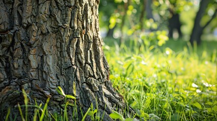 Obraz premium A close up of the rough bark of an old tree, with deep grooves and patterns, set against a background of verdant grass