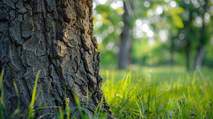 Obraz premium A close up of the rough bark of an old tree, with deep grooves and patterns, set against a background of verdant grass