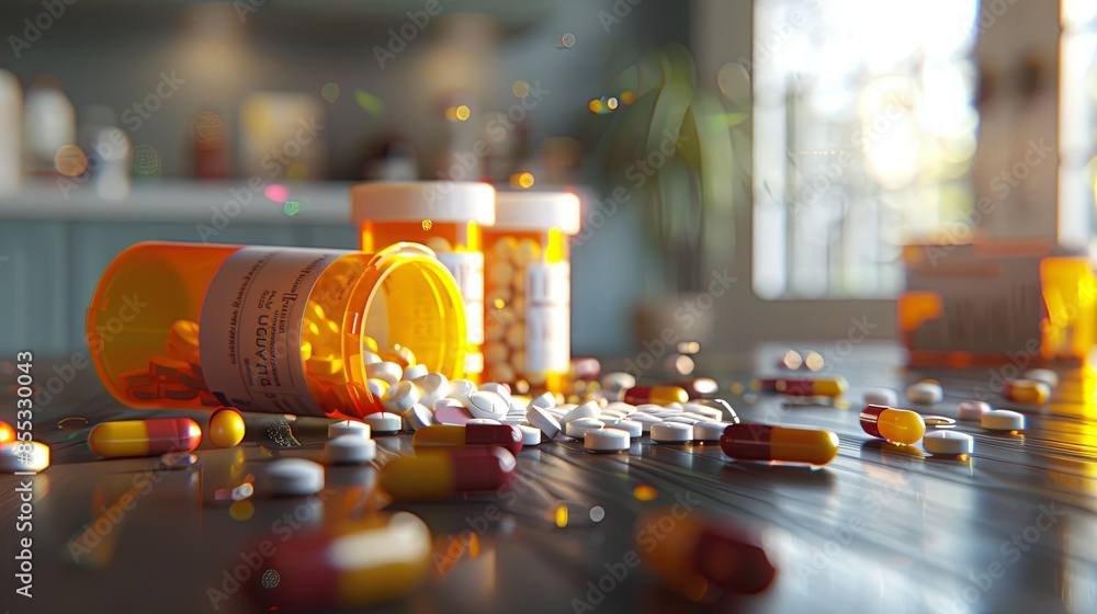 Aufkleber An image showing open prescription pill bottles with their caps removed, and various pills scattered around on a table. Generative AI