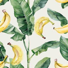 Background with banana leaves drawn seamlessly in yellow