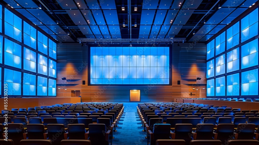 Poster an empty auditorium with rows of blue seats facing a large video screen display. the room is lit wit