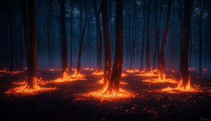 Naklejka premium A serene yet surreal depiction of trees as if their bases are alight with glowing lava in a darkened forest