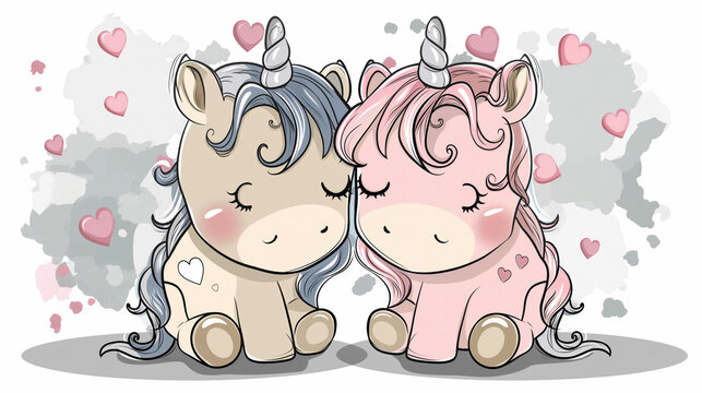 Adorable unicorns with hearts illustration