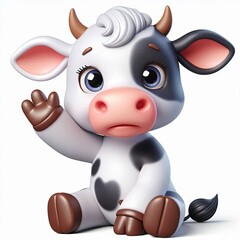 Fototapeta premium cute cow sitting and waving hand cartoon 3d Generative aI