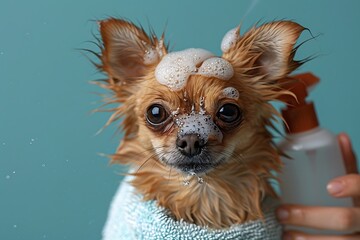 Cute chihuahua puppy taking a bath