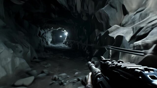Dark cave illuminated by a tactical flashlight, with rocky walls and a sense of adventure.	