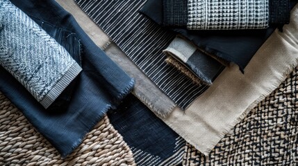 Interior designer moodboard with fabric paint panels and tiles in black blue beige and dark grey hues Empty area for text Template