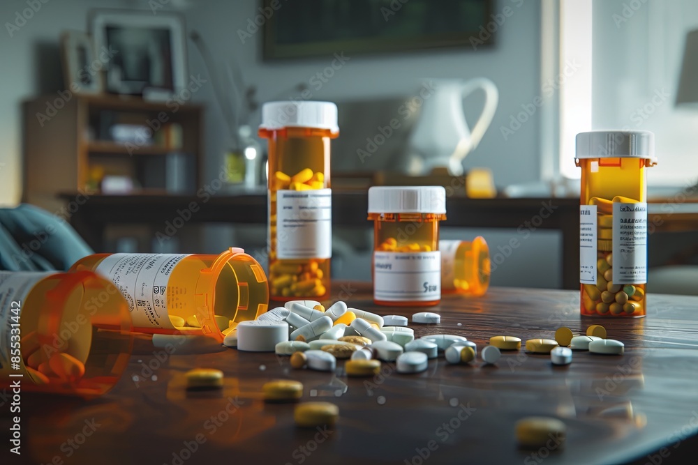 Poster an image of multiple prescription pill bottles with their caps open, and various pills scattered aro