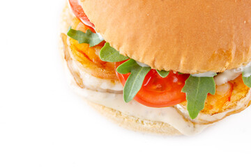 Seafood shrimps burger on white plate on the table, served with white wine, copy space