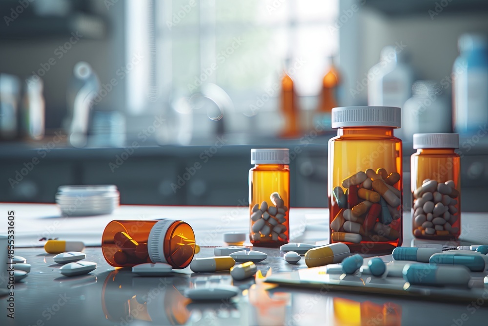 Leinwandbilder a close-up view of several open prescription pill bottles with various pills scattered on a countert