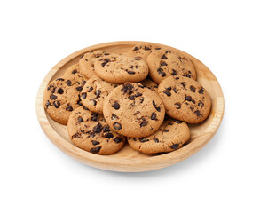 Plate of tasty cookies with chocolate chips on white background