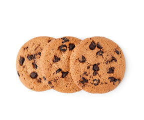 Tasty cookies with chocolate chips on white background