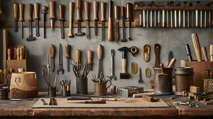 A table with many tools on it, including a hammer, a pair of pliers