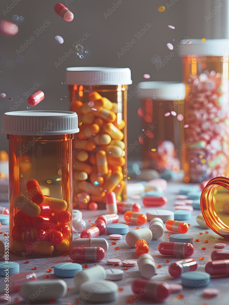 Aufkleber An image of multiple prescription pill bottles with their caps open and scattered pills around. Generative AI