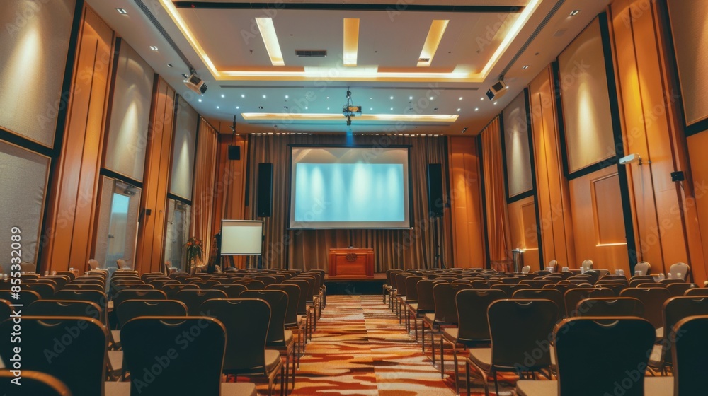 Aufkleber an empty conference room with rows of chairs facing a projector screen and a podium. the room is lit