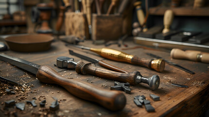 A collection of woodworking tools are displayed on a wooden surface