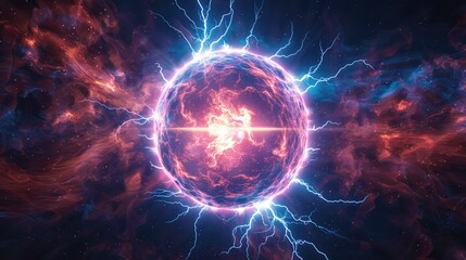 Obraz premium Futuristic Metallic Sphere Emitting Powerful Electric and Plasma Rays Illustrating Gravitational Force