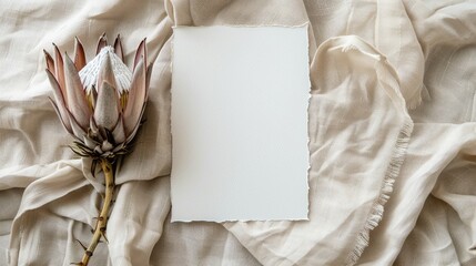 Luxury bohemian invitation card template with blank paper and dried protea flower on beige linen cloth