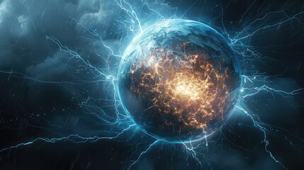 Futuristic Metallic Sphere Emitting Powerful Electric and Plasma Rays Illustrating Gravitational Force