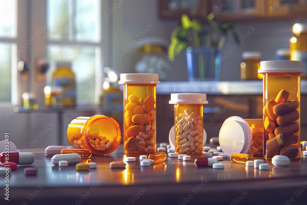 Aufkleber an image of several open prescription pill bottles on a table with pills scattered around. the backg