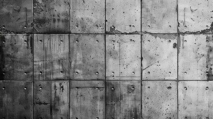 Close-up of a textured concrete wall with a grid pattern, showcasing industrial design elements and weathered, aged surface.
