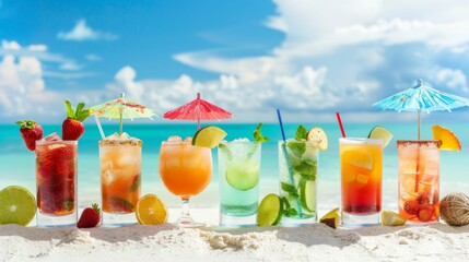 AI generated illustration of colorful tropical cocktails with fruit garnishes on a sandy beach
