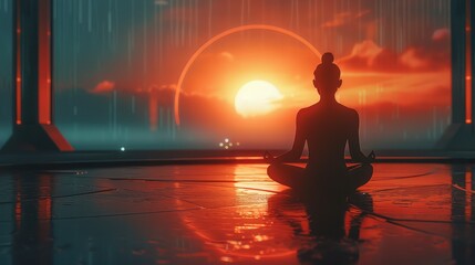 Fototapeta premium Futuristic Meditation Practice: Mastering Mind Relaxation with Solarized Imagery