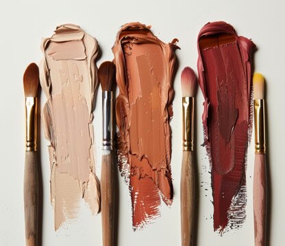 Three paint samples in different shades of brown with matching paintbrushes