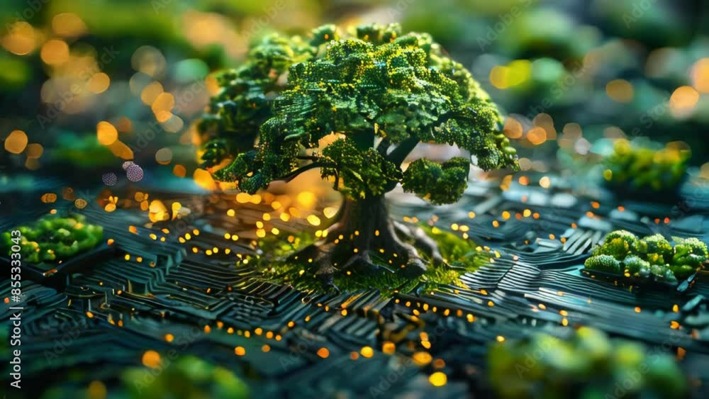 Poster Green natural eco-friendly tree and computer technology on an abstract high-tech futuristic background of microchips and computer circuit boards with transistors