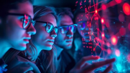Group of people analyzing data on a futuristic touch screen with neon lights. Technology, innovation, teamwork in a dark room.