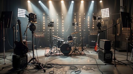 A concert stage is set up with a drum kit in the center, a guitar to the left, and various audio equipment and lighting. The stage is illuminated by bright stage lights.