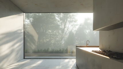 A kitchen with a window that shows a tree outside