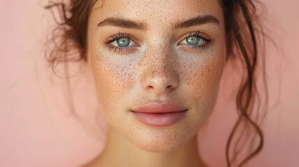 Fototapeta premium Portrait of a Young Girl with Freckles and Blue Eyes in Soft Focus Background
