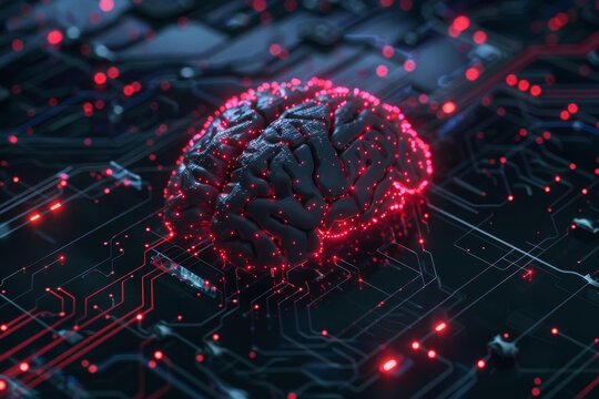 Artificial intelligence concept with glowing digital brain on circuit board, showcasing technology and futuristic innovation.