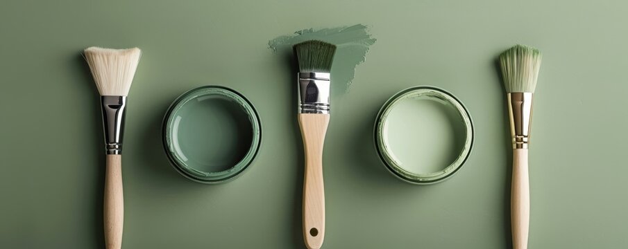 Three paint samples in different shades of green with paintbrushes on a matching background